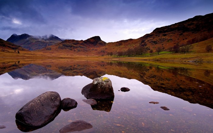 Lake reflection of mountains at dusk
