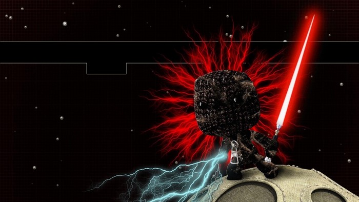 Sackboy with red lightsaber and lightning