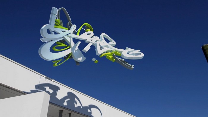 Graffiti art rendered against a blue sky