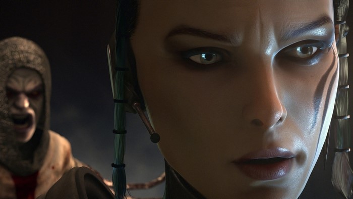 Clive Barker's Jericho: A close-up of a woman's face with a monster in the background