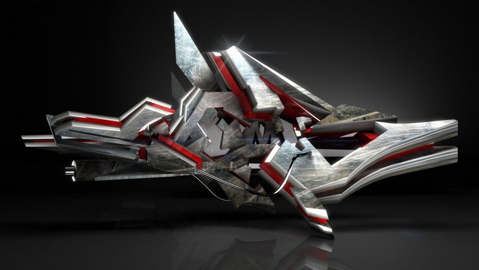 Abstract metallic sculpture with red accents