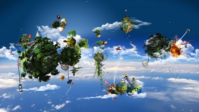 Floating islands in the sky with hot air balloons and airplanes