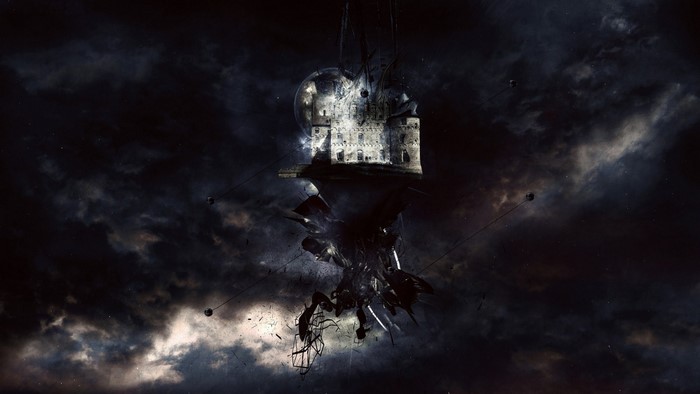 Floating castle in a dark, cloudy sky