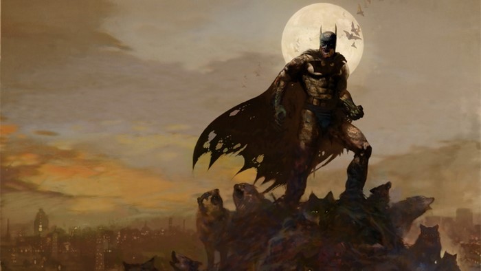Zombie Batman standing on a pile of wolves