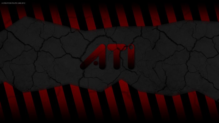 ATI logo on cracked dark background with red stripes