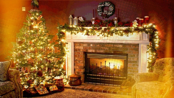 Christmas tree and fireplace with decorations