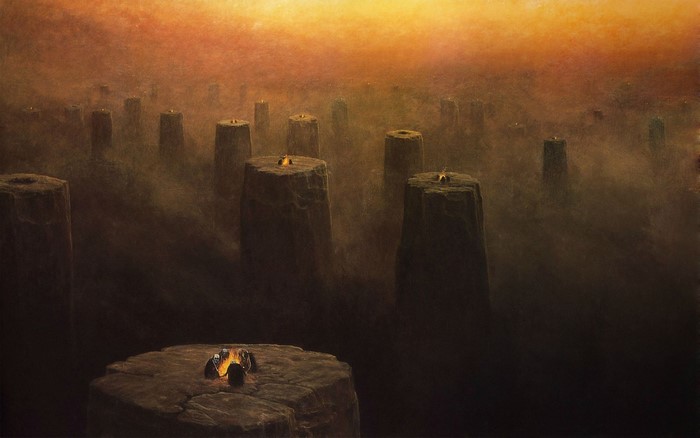 Painting of figures around a fire on stone pillars