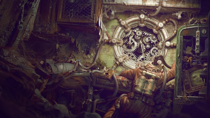 Steampunk diver in a cluttered workshop