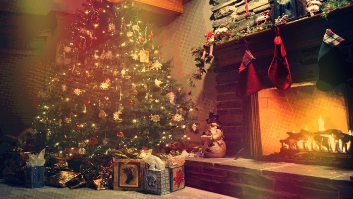 Christmas tree and fireplace with stockings and gifts