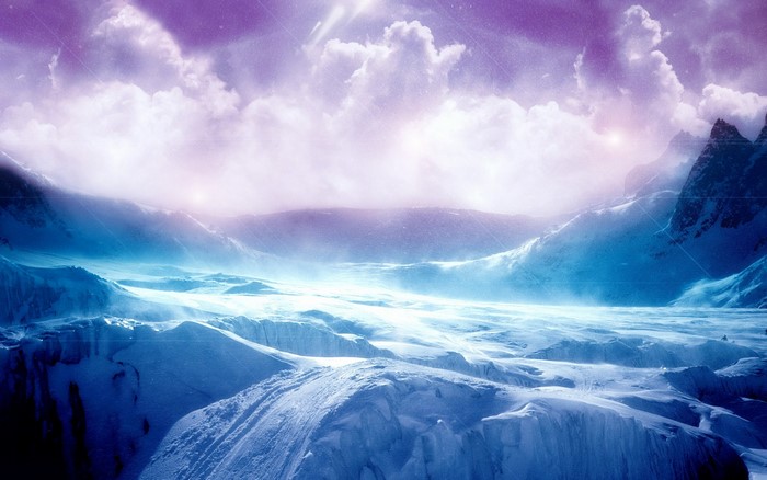 Purple clouds over icy mountains and glaciers