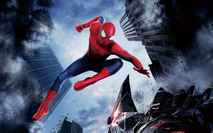 Spider-Man jumping between buildings