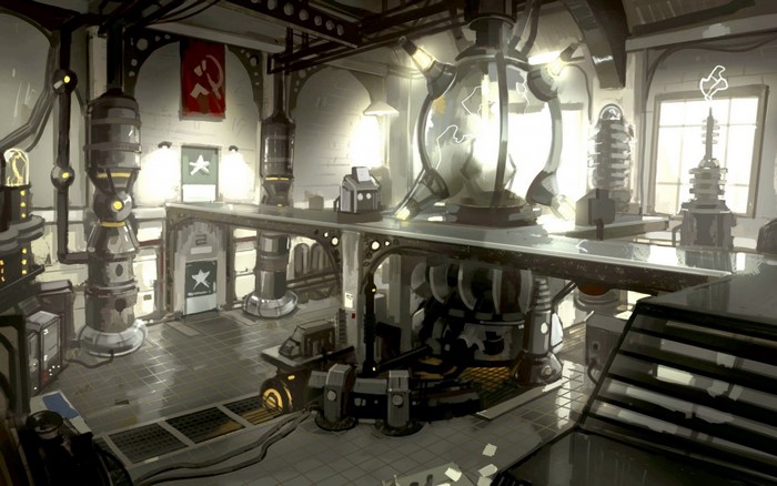 Retro-futuristic laboratory with large machinery