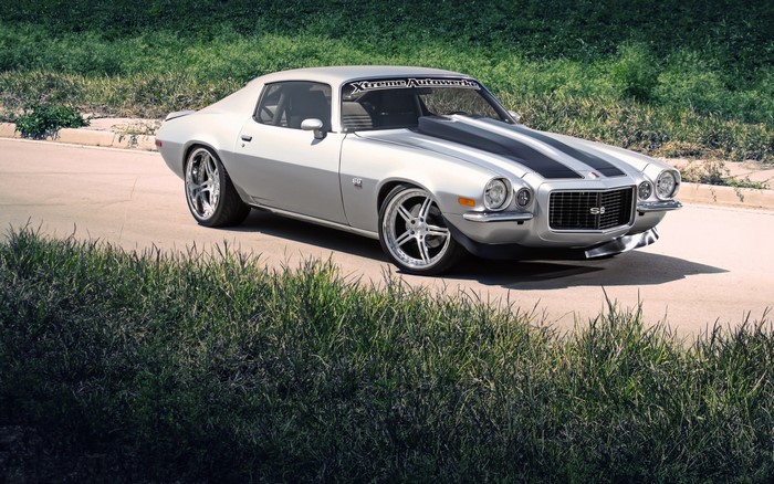 Silver Chevrolet Camaro SS with black racing stripes