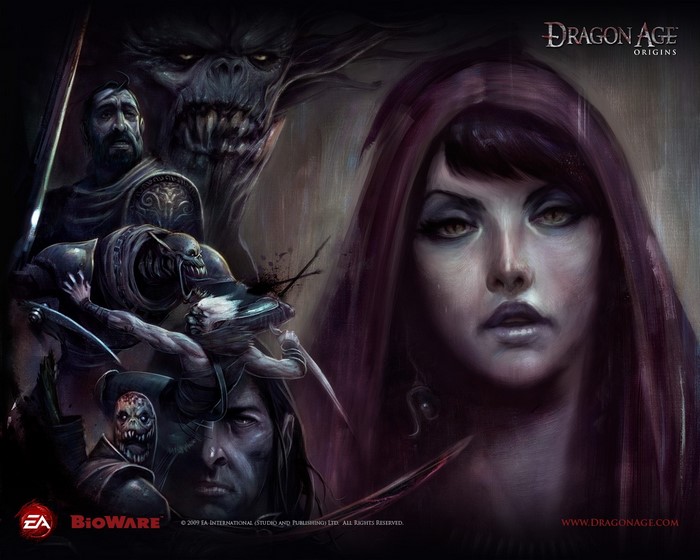 Dragon Age Origins artwork with characters and monster