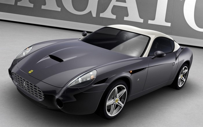 Dark gray Ferrari 599 GTO with a white roof