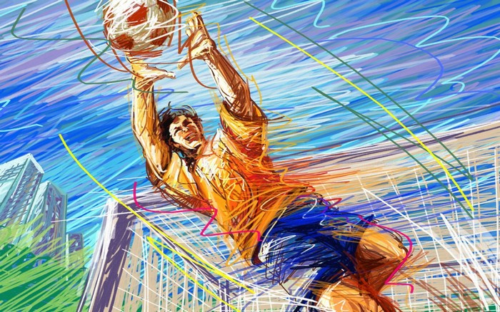 Goalkeeper catching a soccer ball in a stylized illustration