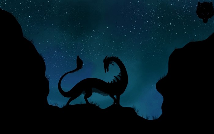 Silhouette of a dragon under a starry night sky
