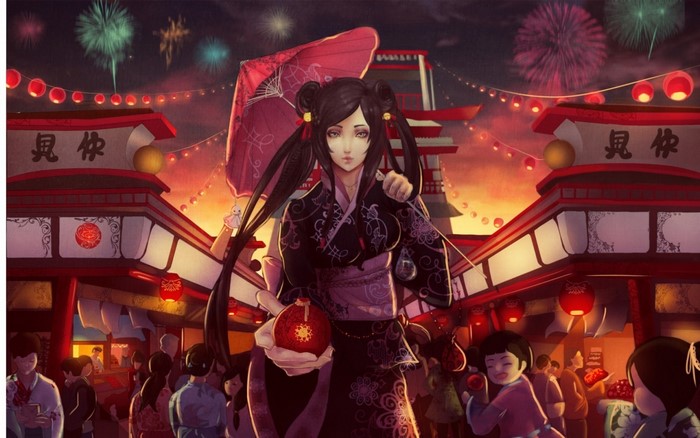 Anime girl in kimono at a festival with fireworks