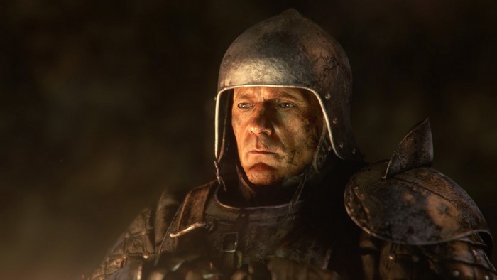 Man in medieval armor and helmet