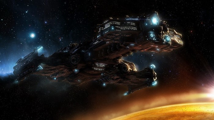 StarCraft Battlecruiser in outer space near a planet