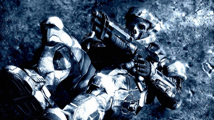 Soldier in sci-fi armor holding a rifle