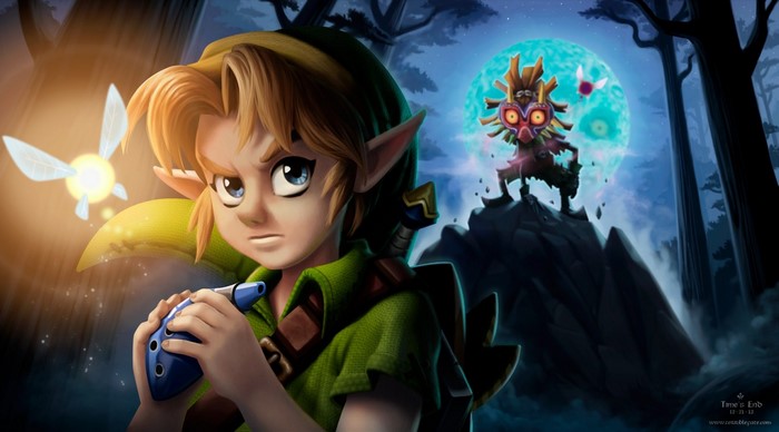 Link from The Legend of Zelda playing the ocarina with Majora's Mask in the background