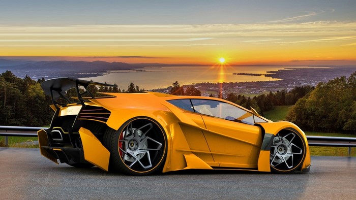 Yellow Lamborghini Aventador sports car at sunset