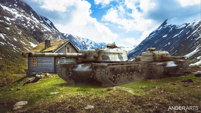 Tanks and cabin in a mountain landscape