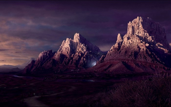 Mountainous Landscape at Twilight with Dramatic Sky