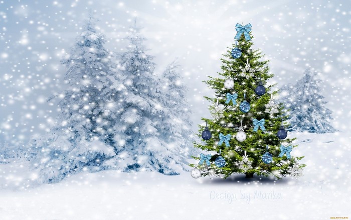 Decorated Christmas tree in a snowy forest