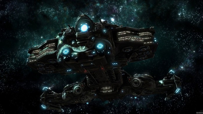Massive spaceship in outer space with stars