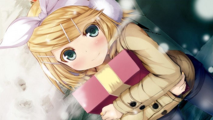 Kagamine Rin from Vocaloid holding a gift