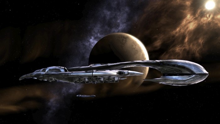 Spaceship in front of a planet and sun