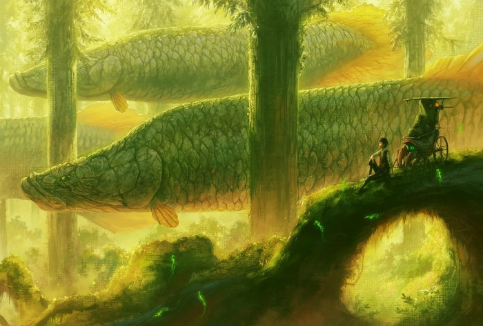 Giant fish in a surreal forest with people
