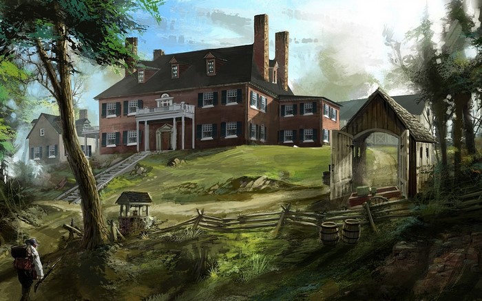 Painting of a historic estate with a covered bridge and a well