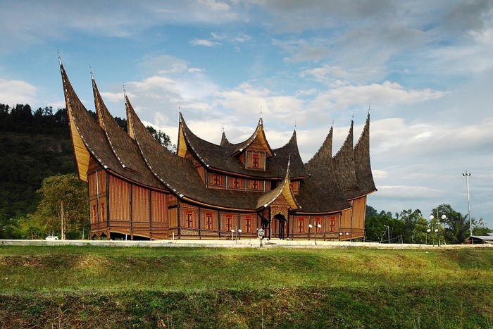 Traditional Minangkabau architecture building with pointed roofs