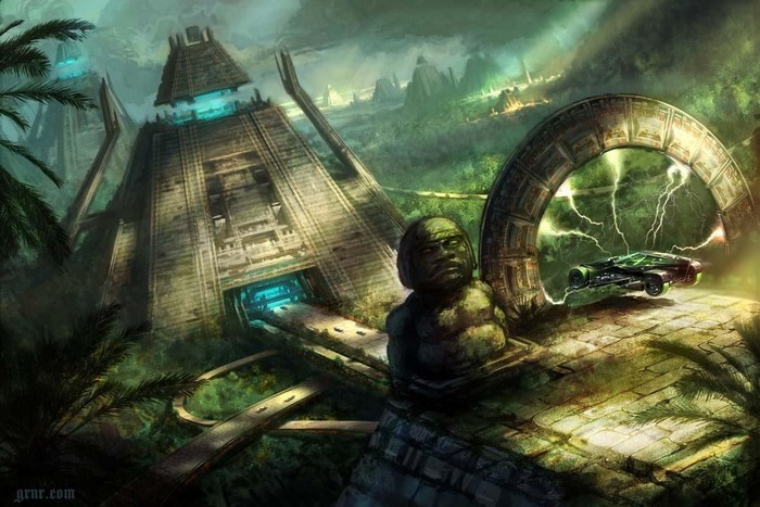 Futuristic jungle ruins with a portal and spacecraft