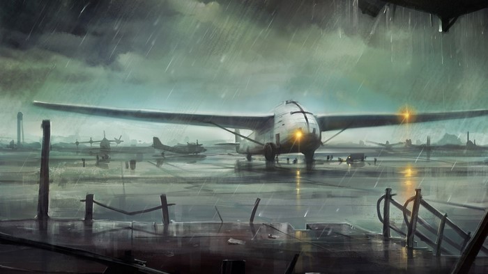 Airplane on a rainy airport tarmac