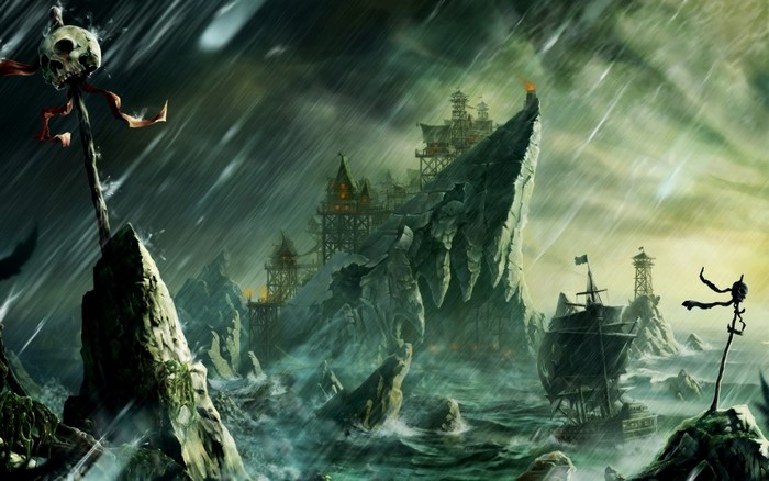 Pirate settlement on rocky islands during a storm