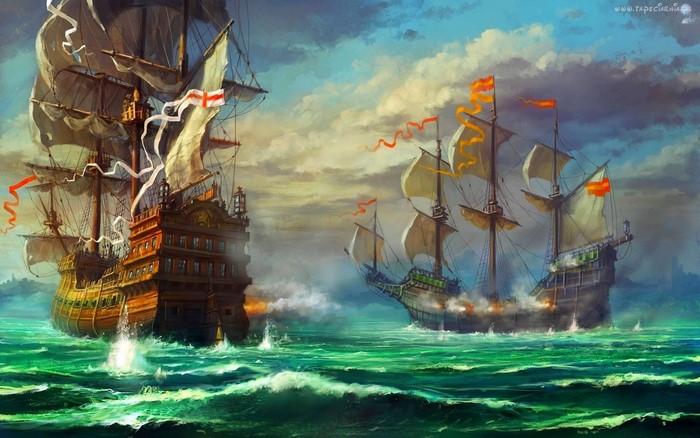 Two sailing ships in a battle on the sea