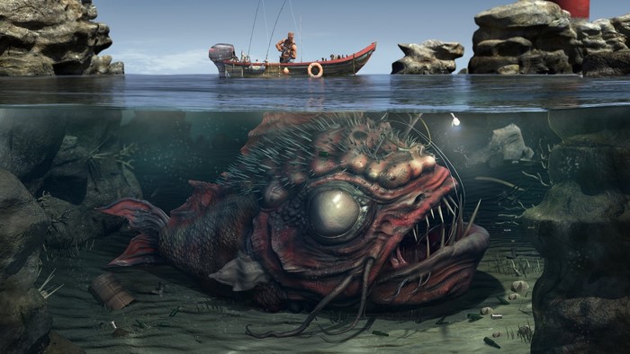 Anglerfish creature in split view with a fisherman in a boat