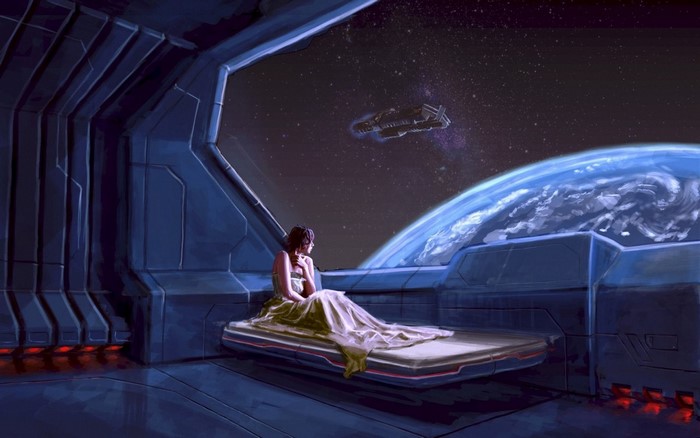 Woman in futuristic room looking at Earth and spaceship