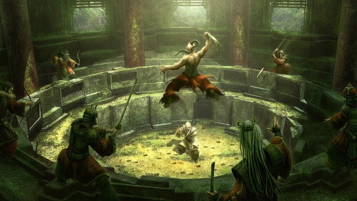 Warriors in a circular arena with overgrown ruins