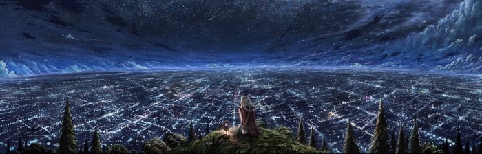 Anime girl sitting on a hill overlooking a city at night
