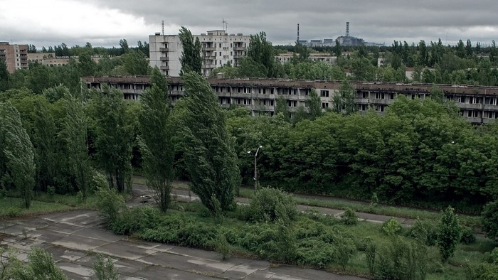 Abandoned apartment buildings and trees in Chernobyl