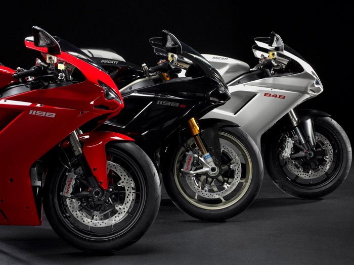 Three Ducati Superbikes: Red 1198, Black 1198S, White 848
