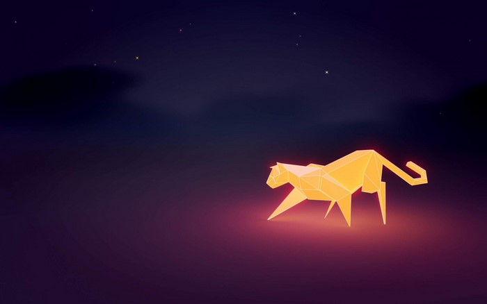 Low poly glowing tiger walking under starry night sky