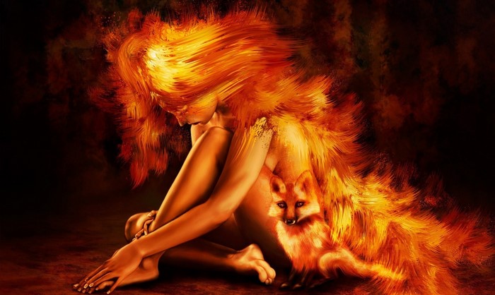 Fantasy art of a woman and fox made of fire