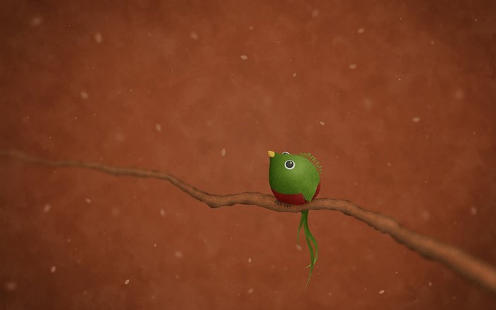 A cartoon bird with a long tail sits on a branch