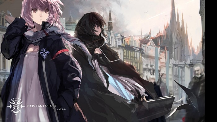 Two anime characters in a city with gothic architecture